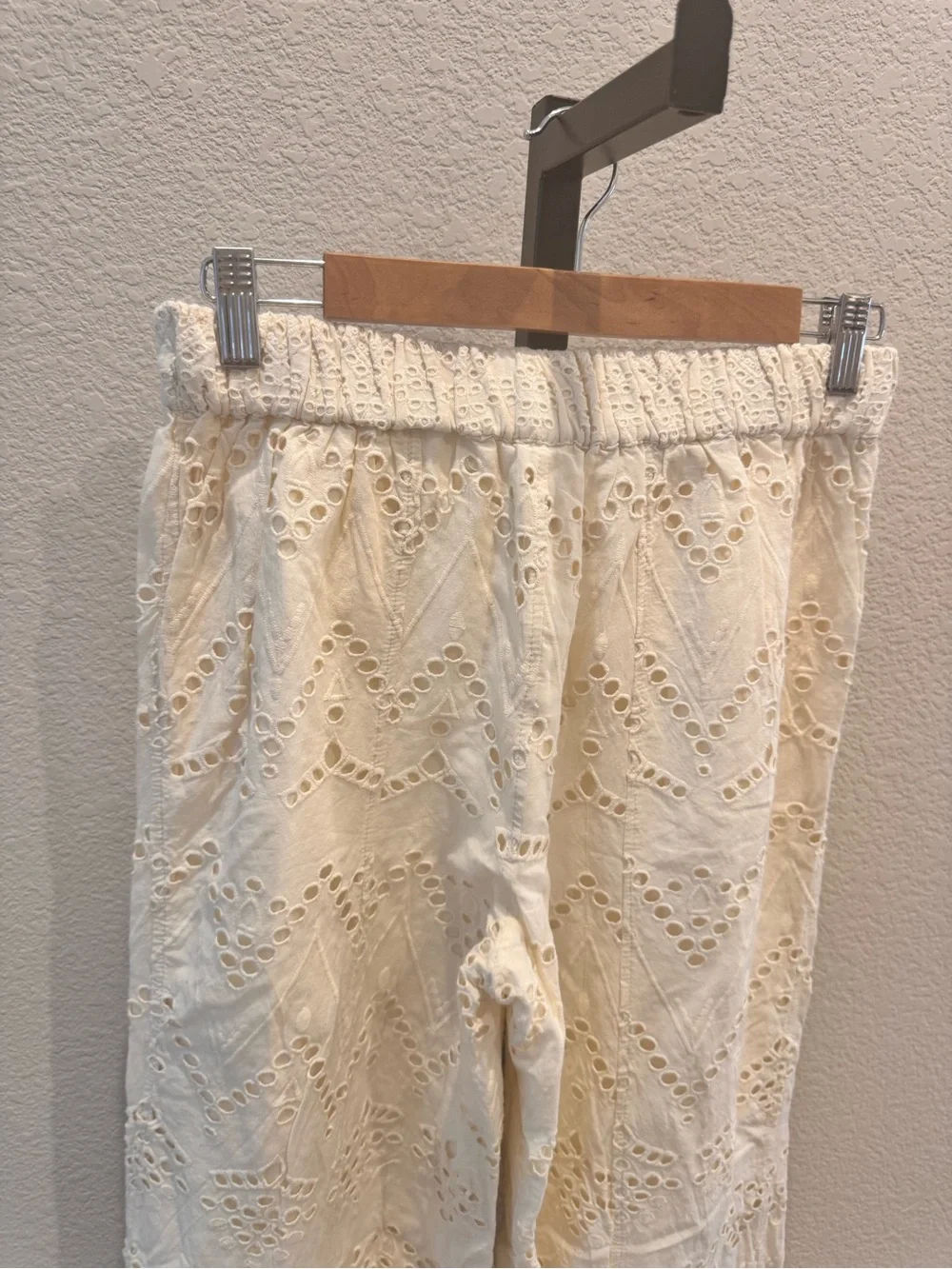 Free People Emma Embroidered Cream Eyelet Wide-Leg Pants